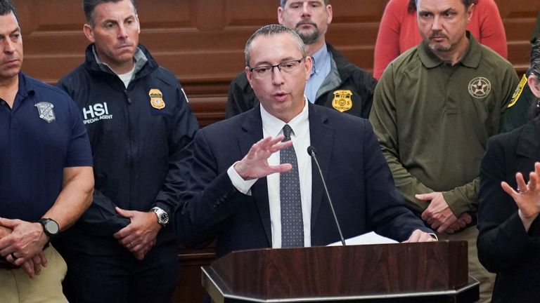 Maine Commissioner of Public Safety Michael Sauschuck speaks at a press conference at City Hall, after Lewiston mass shooting suspect Robert Card was found dead, in Lewiston, Maine, U.S., October 28, 2023. REUTERS/Kevin Lamarque
