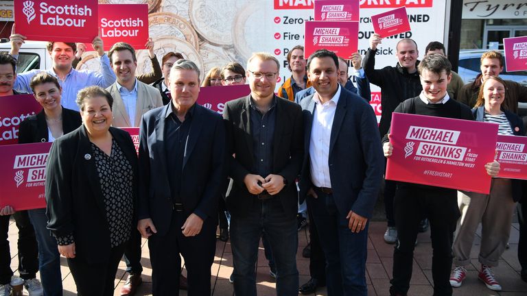 (Left to right) Scottish Labour deputy leader Dame Jackie Baillie, Labour leader Sir Keir Starmer, Scottish Labour candidate Michael Shanks and Scottish Labour leader Anas Sarwar at a party rally in Rutherglen ahead of the Rutherglen and Hamilton West by-election. Picture date: Friday September 29, 2023.