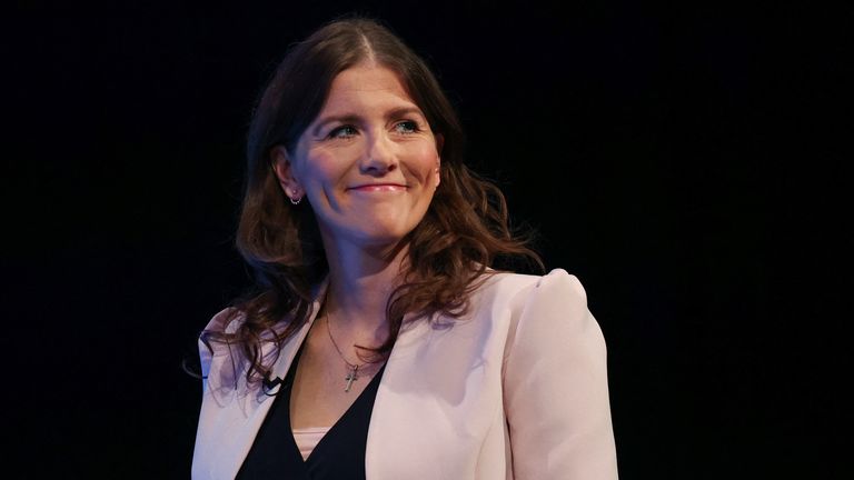 Michelle Donelan speaks on stage at the Conservative Party&#39;s annual conference in Manchester