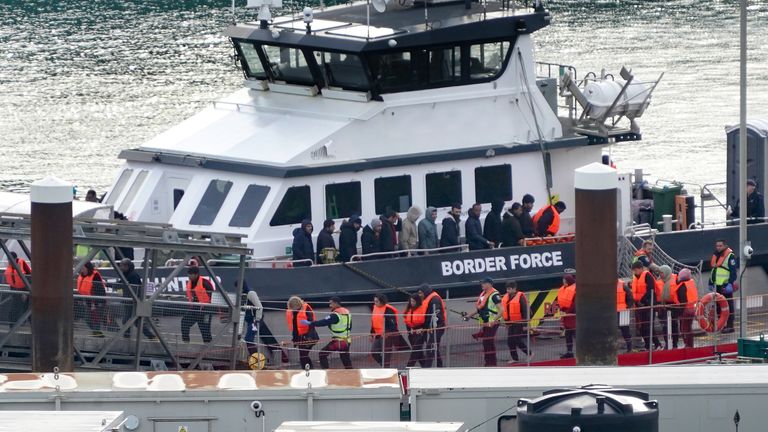 A group of people thought to be migrants are brought in to Dover, Kent, from a Border Force vessel following a small boat incident in the Channel. Picture date: Monday October 23, 2023.