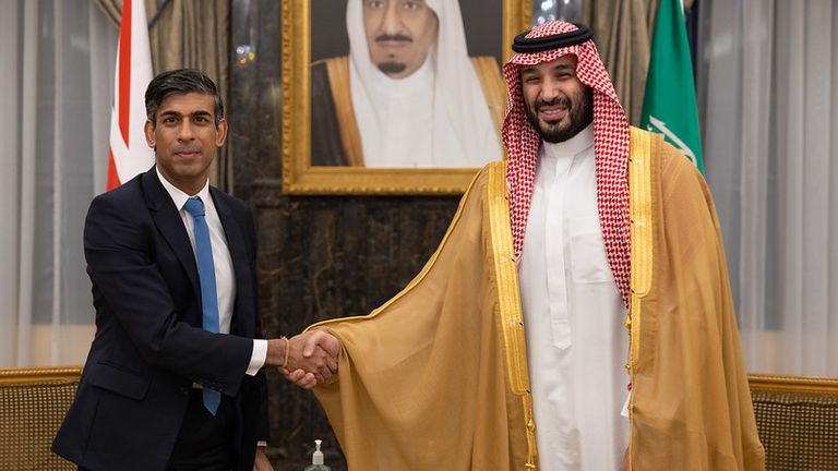 British prime minister Rishi Sunak meets with Saudi Crown Prince Mohammed bin Salman in Riyadh, Saudi Arabia. 
Pic: No 10 Downing Street

