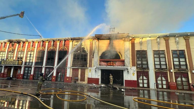 Fire crews work at the site of a nightclub fire in Murcia, Spain. Pic: José Ballesta/X