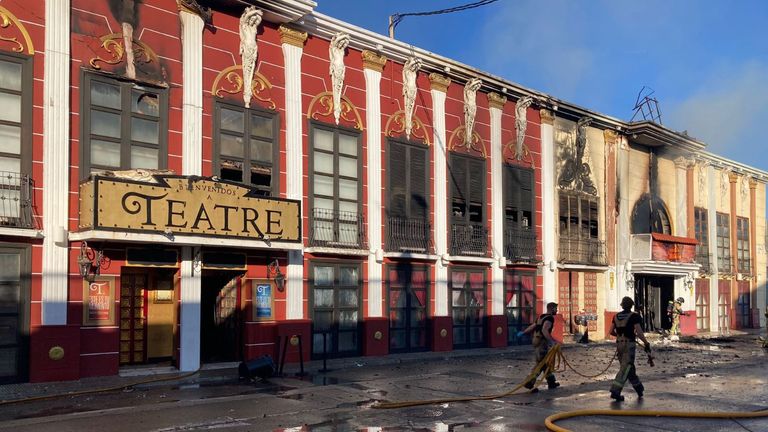 Fire crews work at the site of a nightclub fire in Murcia, Spain. Pic: José Ballesta/X