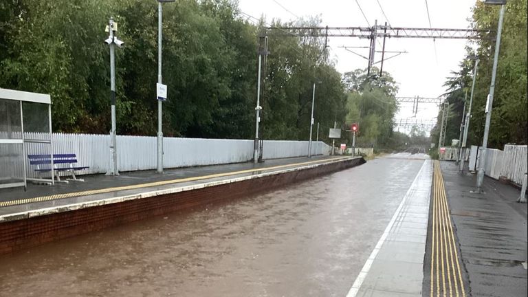 The rail line was flooded in Bowling, West Dunbartonshire. Pic: @NetworkRailSCOT