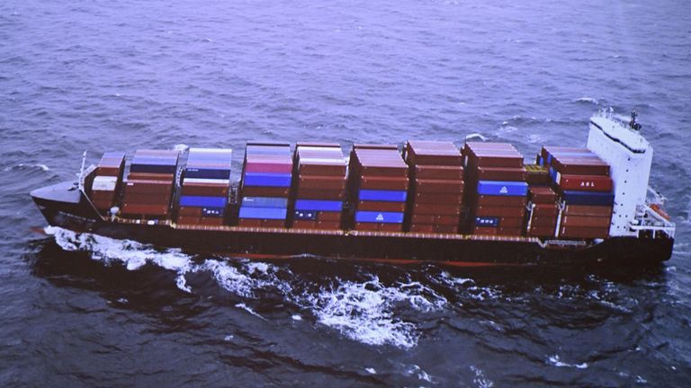 Finnish Border Guard's photo of the Hong Kong-flagged cargo ship Newnew Polar Bear near the Balticconnector gas line