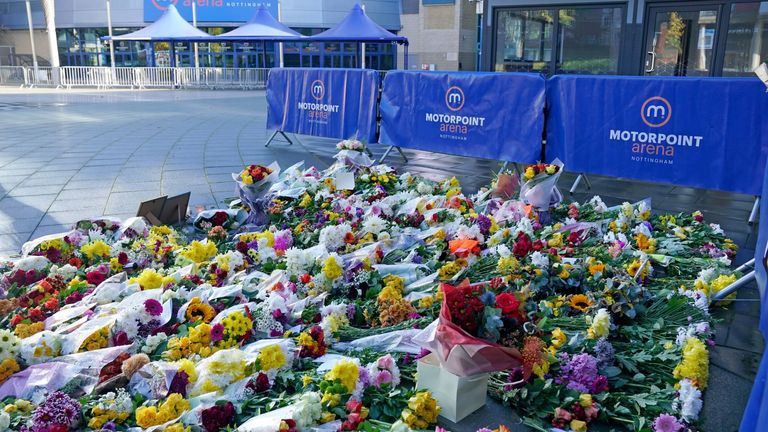 Flowers and messages left in tribute to Nottingham Panthers&#39; ice hockey player Adam Johnson outside the Motorpoint Arena in Nottingham, the home of the Panthers. Mr Johnson died after an accident during a Challenge Cup match with Sheffield Steelers on Saturday night. Picture date: Monday October 30, 2023.