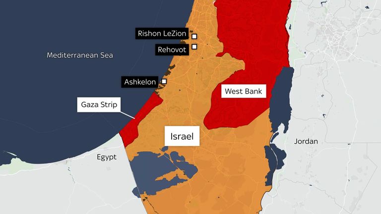 A map showing the cities targeted by Hamas airstrikes 