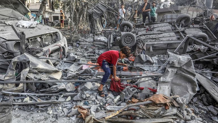 Palestinians inspect the rubble of a building following overnight Israeli air strikes on the Rafah refugee camp
Pic:DPA/AP