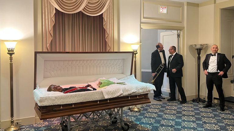The body of "Stoneman Willie", a jailed thief that died in a Pennsylvania prison in 1895 and was accidentally mummified by undertakers, lies on display at the local funeral home that has been his resting place for 128 years in Reading, Pennsylvania, U.S., October 1, 2023. REUTERS/Kia Johnson 