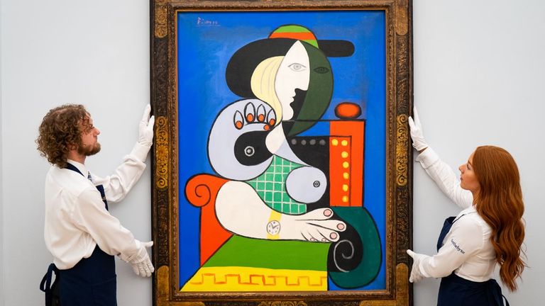 Pablo Picasso&#39;s 1932 masterpiece Femme à la montre on display at Sotheby&#39;s in London, as it goes on show for the first time ever in Europe. Estimated in excess of US 120m and offered by one of the greatest patrons and collectors, Emily Fisher Landau, it is one of most valuable works ever to be offered for sale. Picture date: Friday October 6, 2023.