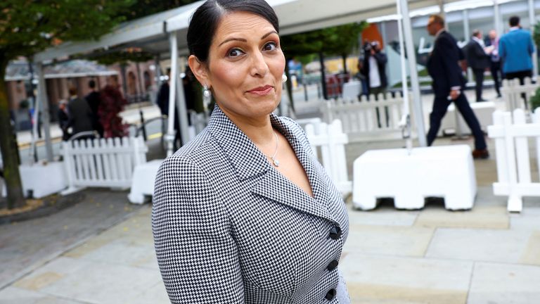 Priti Patel walks on the day of the Britain&#39;s Conservative Party&#39;s annual conference in Manchester
