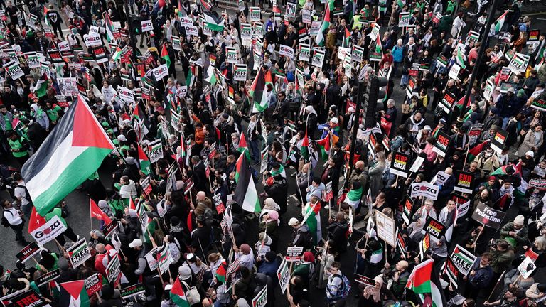 Protesters during a pro-Palestine march organised by Palestine Solidarity Campaign in central London. Picture date: Saturday October 28, 2023.