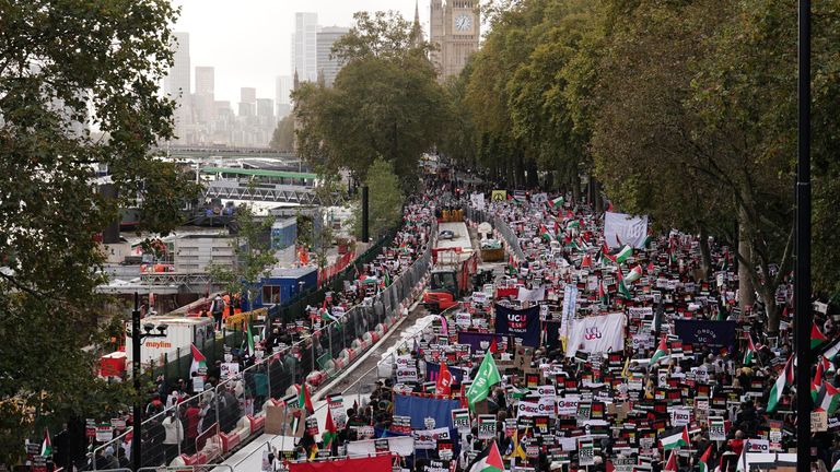 Protesters during a pro-Palestine march organised by Palestine Solidarity Campaign in central London. Picture date: Saturday October 28, 2023.