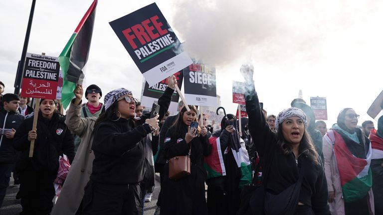 Protesters during a pro-Palestine march organised by Palestine Solidarity Campaign in central London. Picture date: Saturday October 28, 2023. PA Photo. See PA story POLITICS Israel. Photo credit should read: Jordan Pettitt/PA Wire