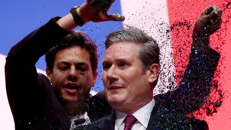 A protester throws glitter on Britain&#39;s Labour Party Leader Keir Starmer at Britain&#39;s Labour Party annual conference in Liverpool, Britain, October 10, 2023. REUTERS/Phil Noble