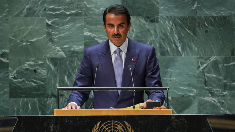 Qatar&#39;s Emir Sheikh Tamim Bin Hamad Al-Thani addresses the 78th Session of the U.N. General Assembly in New York City, U.S., September 19, 2023. REUTERS/Mike Segar