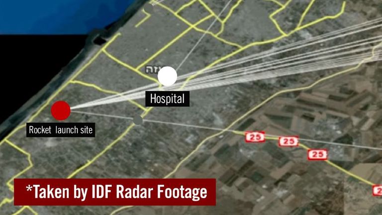 Radar image which Israel claims shows the paths of Islamic Jihad rockets passing over the hospital at the time of the explosion Pic: Israel Defence Forces