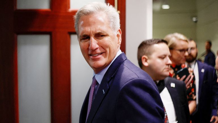 Kevin McCarthy  reacts to a reporter&#39;s question as he arrives for a House Republican conference meeting, where they are expected to discuss an attempt by Representative Matt Gaetz (R-FL) to oust him from the speakership, at the U.S. Capitol in Washington, U.S. October 3, 2023.  REUTERS/Jonathan Ernst