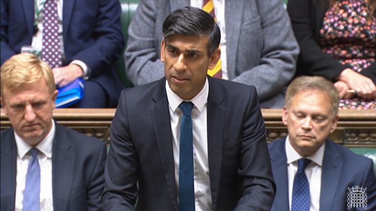 Handout screengrab taken from Parliament TV of Prime Minister Rishi Sunak speaking in the House of Commons, London, about Hamas&#39;s attacks on Israel. Picture date: Monday October 16, 2023.