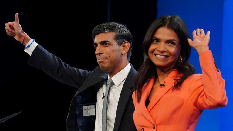 Prime Minister Rishi Sunak with his wife Akshata Murty on stage at the end of his keynote speech during the Conservative Party annual conference at the Manchester Central convention complex.  Picture date: Wednesday October 4, 2023. PA Photo. See PA story POLITICS Tories. Photo credit should read: Peter Byrne/PA Wire 