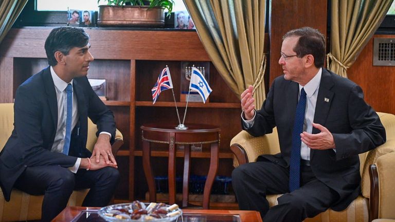 Rishi Sunak meets Israeli President Isaac Herzog in Jerusalem. Pic: Israel Government Press Office