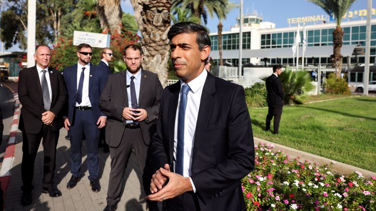 British Prime Minister Rishi Sunak speaks to the media after landing at Ben Gurion international airport