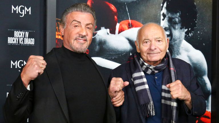 Burt Young (R) pictured with Sylvester Stallone at a screening event at the Philadelphia Film Center in 2021