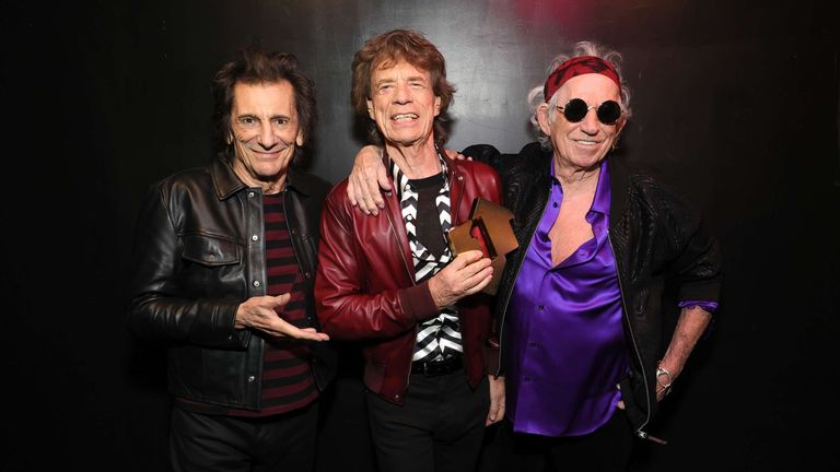 The Rolling Stones pose with their Official Number 1 Album Award Pic: Kevin Mazur/Official Charts