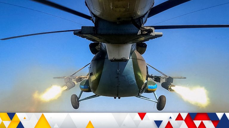 A Ukrainian military Mi-8 helicopter fires unguided missiles towards Russian troops, amid Russia&#39;s attack on Ukraine, in an undisclosed location in Eastern Ukraine, September 29, 2023, in a screen grab taken from video. REUTERS/Anna Voitenko