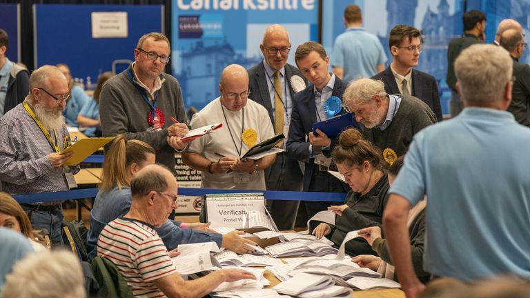 Votes are counted in the count hall at the South Lanarkshire Council Headquarters in Hamilton for the Rutherglen and Hamilton West by-election. Picture date: Thursday October 5, 2023.