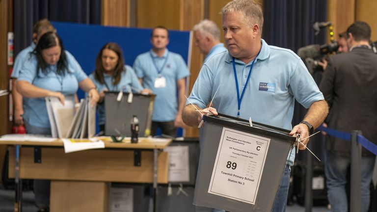 Ballot boxes arrive in the count hall at the South Lanarkshire Council Headquarters in Hamilton for the Rutherglen and Hamilton West by-election. Picture date: Thursday October 5, 2023.