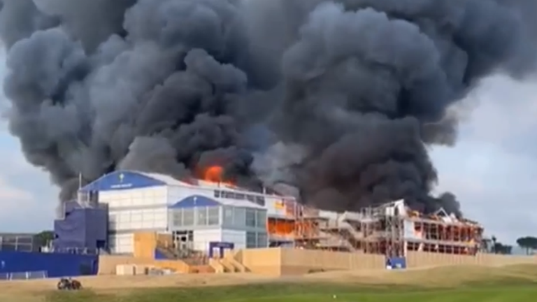 The fire broke out in a temporary stand. Pic: Sky Sports 