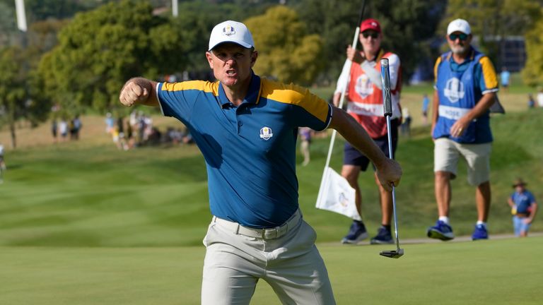 Europe&#39;s Justin Rose celebrates during his singles match defeat to Patrick Cantlay. Pic: AP