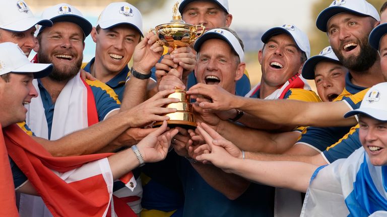 The Europe team lift the Ryder Cup after defeating the USA in Rome. Pic: AP