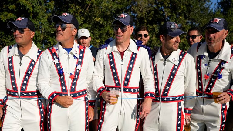 United Sates fans line the 3rd fairway as they watch the morning Foursomes matches at the Ryder Cup golf tournament at the Marco Simone Golf Club in Guidonia Montecelio, Italy, Saturday, Sept. 30, 2023. (AP Photo/Alessandra Tarantino)