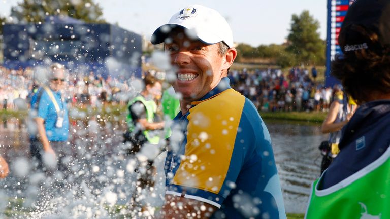 Rory McIlroy celebrates after Europe won the Ryder Cup
