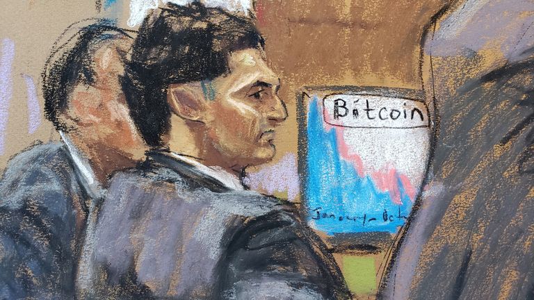 Sam Bankman-Fried watches as his defense lawyer Mark Cohen makes his opening remark in Bankman-Fried&#39;s fraud trial over the collapse of FTX, the bankrupt cryptocurrency exchange, at Federal Court in New York City, U.S., October 4, 2023 in this courtroom sketch. REUTERS/Jane Rosenberg