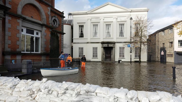 A street is sandbagged to prevent water flowing further through the streets after heavy rain caused extensive flooding, ahead of the arrival of Storm Ciaran, in the city centre of Newry, Northern Ireland, October 31, 2023. REUTERS/Clodagh Kilcoyne
