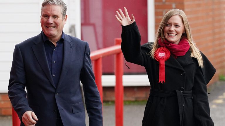 Newly elected Labour MP Sarah Edwards with party leader Sir Keir Starmer at Tamworth Football Club, after winning the Tamworth by-election. Picture date: Friday October 20, 2023. PA Photo. The seat was vacated following the resignation of Conservative MP Chris Pincher on September 7. See PA story POLITICS Tamworth. Photo credit should read: Jacob King/PA Wire 