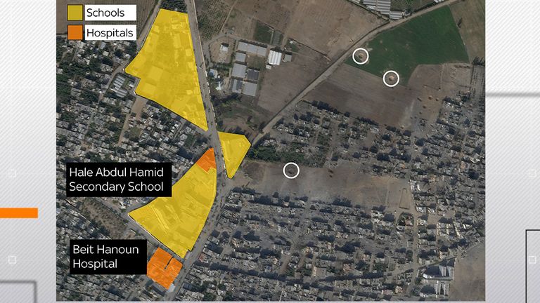 The yellow and orange highlights show the location of schools and hospitals in Beit Hanoun&#39;s most heavily damaged area. Pic: Sky Watch