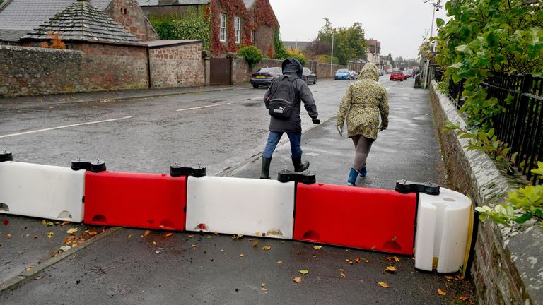 A flood defence barrier erected on Church street in the village of Edzell, Scotland 