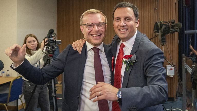 Scottish Labour leader Anas Sarwar (right) with candidate Michael Shanks after Labour won the Rutherglen and Hamilton West by-election, at South Lanarkshire Council Headquarters in Hamilton. Picture date: Friday October 6, 2023.