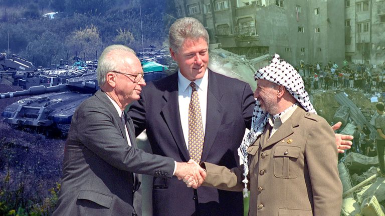 Pic shows Yasser Arafat, former PLO leader, and Yitzhak Rabin, former Israeli PM and Bill Clinton