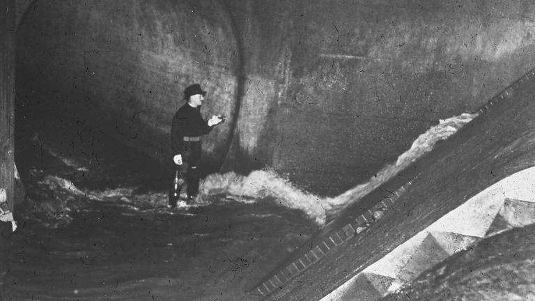 Storm relief worker inside Charlton sewer, southeast London. Pic: Thames Water