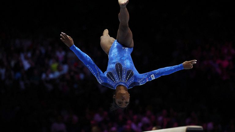 Biles on the balance beam during the women&#39;s individual all-around final 