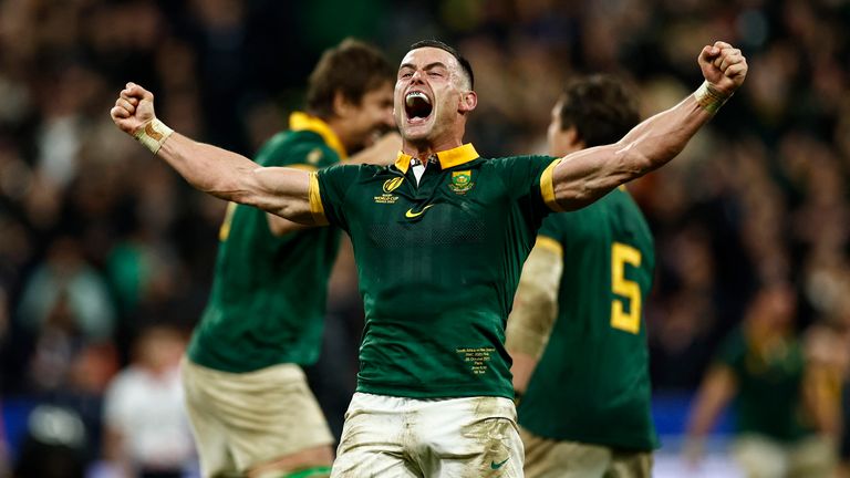 Rugby Union - Rugby World Cup 2023 - Final - New Zealand v South Africa - Stade de France, Saint-Denis, France - October 28, 2023 South Africa&#39;s Jesse Kriel celebrates after winning the world cup final REUTERS/Gonzalo Fuentes
