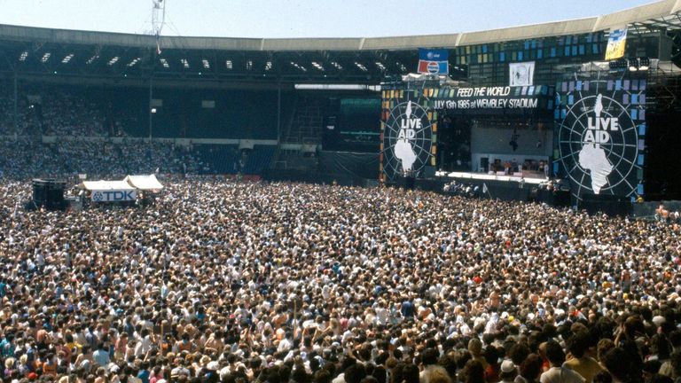 Crowds inside the Stadium at the Live Aid charity concert held at Wembley Stadium.
Pic:AP