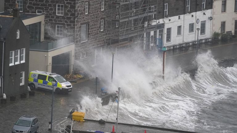 Waves seen crashing into Stonehaven Harbour in Aberdeenshire