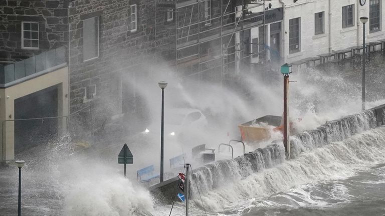 Waves seen crashing into Stonehaven Harbour in Aberdeenshire