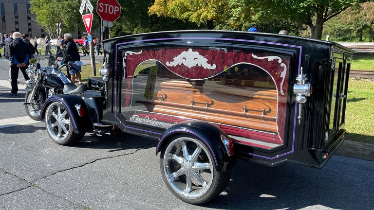 The body of "Stoneman Willie", a jailed thief that died in a Pennsylvania prison in 1895 and was accidentally mummified by undertakers, is carried in a motorcycle hearse to take part in a parade commemorating the 275th anniversary of the incorporation of the municipality of Reading, Pennsylvania, U.S., October 1, 2023. REUTERS/Kia Johnson 